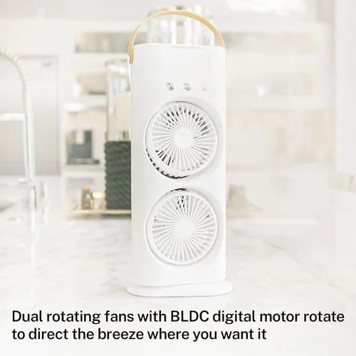 RT Portable Dual Fan Mist Cooler | Rechargeable BLDC Air Circulator with 3 Mist Modes, 90° Oscillation & 180° Rotation | Indoor Outdoor USB Cooling Fan with Water Tank for Home, Kitchen, Travel - Image 2