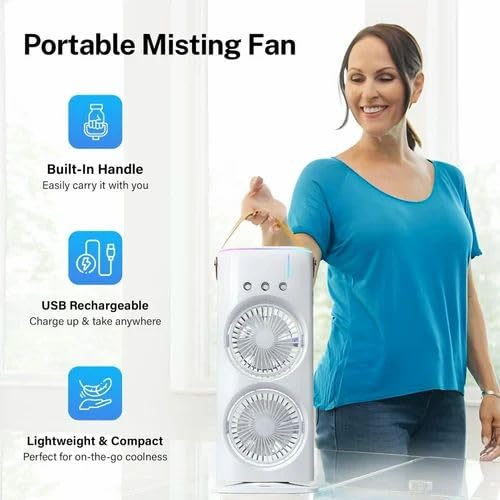 RT Portable Dual Fan Mist Cooler | Rechargeable BLDC Air Circulator with 3 Mist Modes, 90° Oscillation & 180° Rotation | Indoor Outdoor USB Cooling Fan with Water Tank for Home, Kitchen, Travel - Image 5