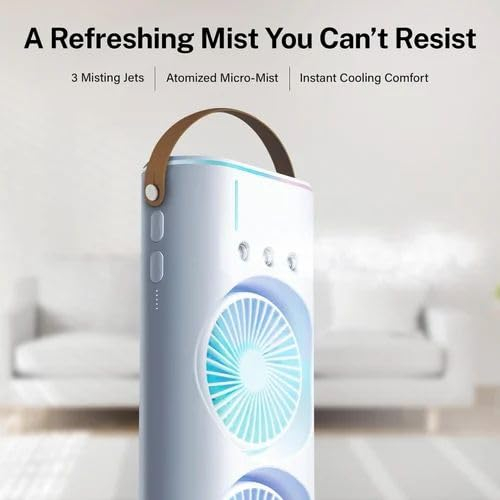 RT Portable Dual Fan Mist Cooler | Rechargeable BLDC Air Circulator with 3 Mist Modes, 90° Oscillation & 180° Rotation | Indoor Outdoor USB Cooling Fan with Water Tank for Home, Kitchen, Travel - Image 7