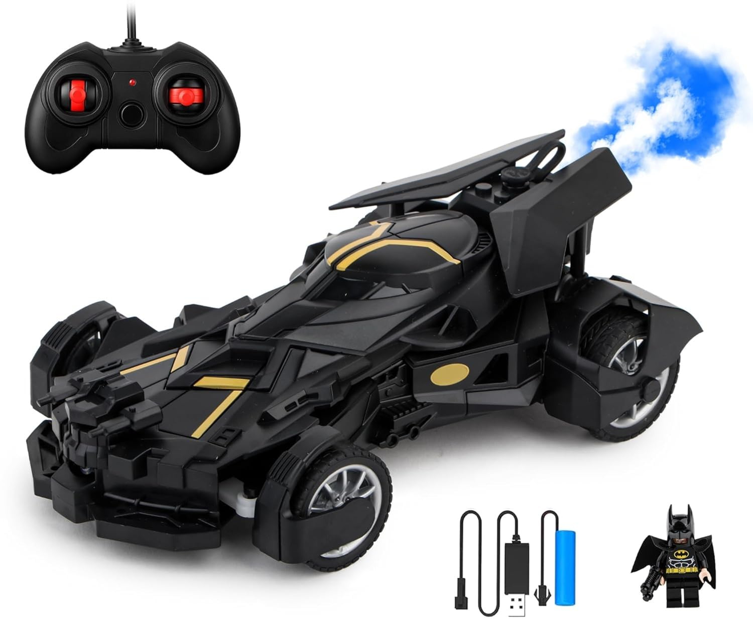 Remote Control Batman Batmobile with Mist Spray, High-Speed LED RC Car, USB Rechargeable, Racing Toy for Boys & Girls 3+, Black