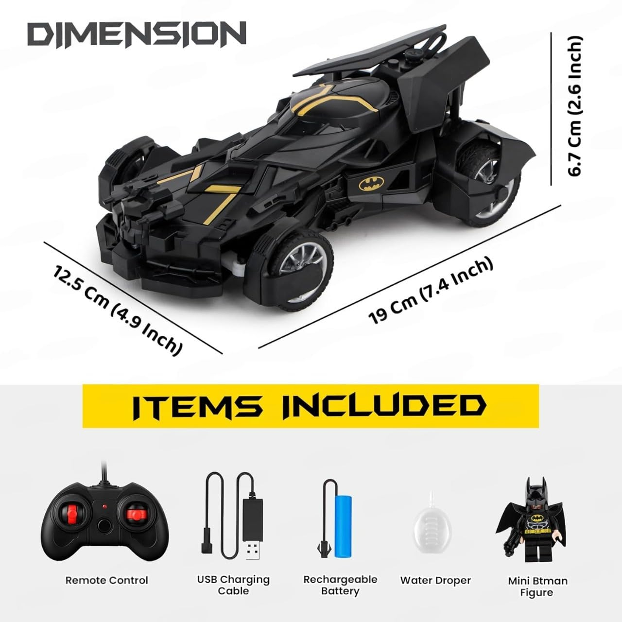 Remote Control Batman Batmobile with Mist Spray, High-Speed LED RC Car, USB Rechargeable, Racing Toy for Boys & Girls 3+, Black - Image 2