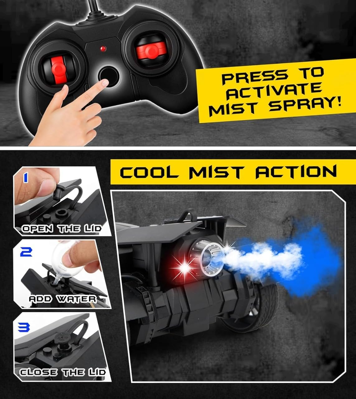 Remote Control Batman Batmobile with Mist Spray, High-Speed LED RC Car, USB Rechargeable, Racing Toy for Boys & Girls 3+, Black - Image 4