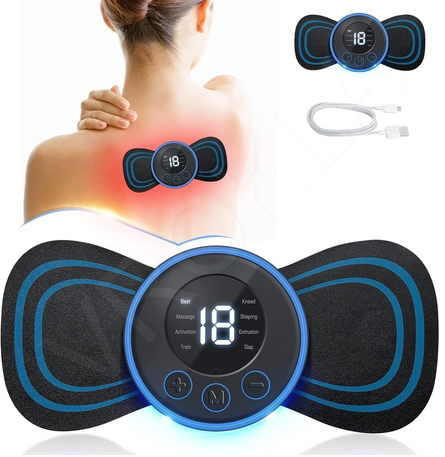 Full Body Massager Machine for Pain Relief, Butterfly Rechargeable Massager for Wireless EMS Machine, Vibration, Mini Massage Stick For Neck, Back, Shoulder, Leg With 8 Modes & 19 Strength 1pc