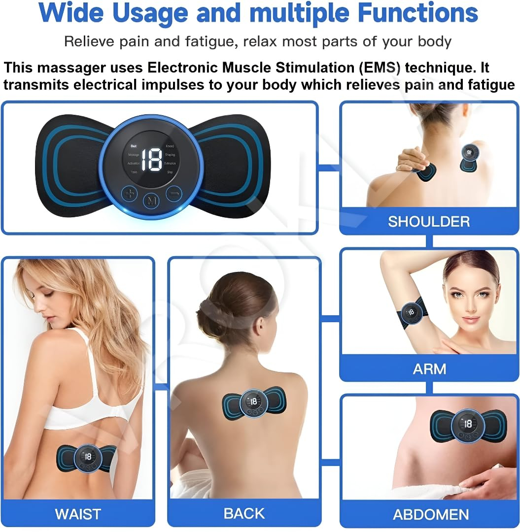 Full Body Massager Machine for Pain Relief, Butterfly Rechargeable Massager for Wireless EMS Machine, Vibration, Mini Massage Stick For Neck, Back, Shoulder, Leg With 8 Modes & 19 Strength 1pc - Image 3