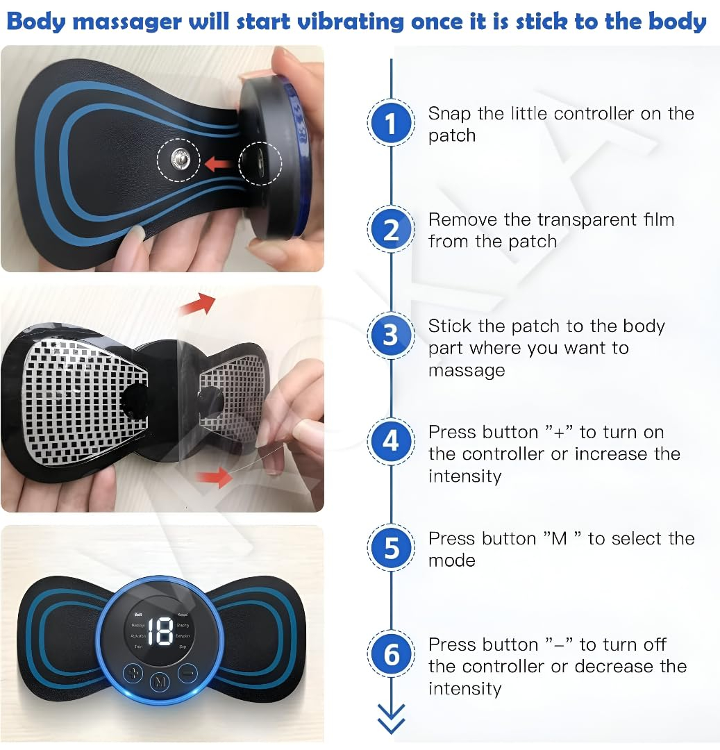 Full Body Massager Machine for Pain Relief, Butterfly Rechargeable Massager for Wireless EMS Machine, Vibration, Mini Massage Stick For Neck, Back, Shoulder, Leg With 8 Modes & 19 Strength 1pc - Image 4