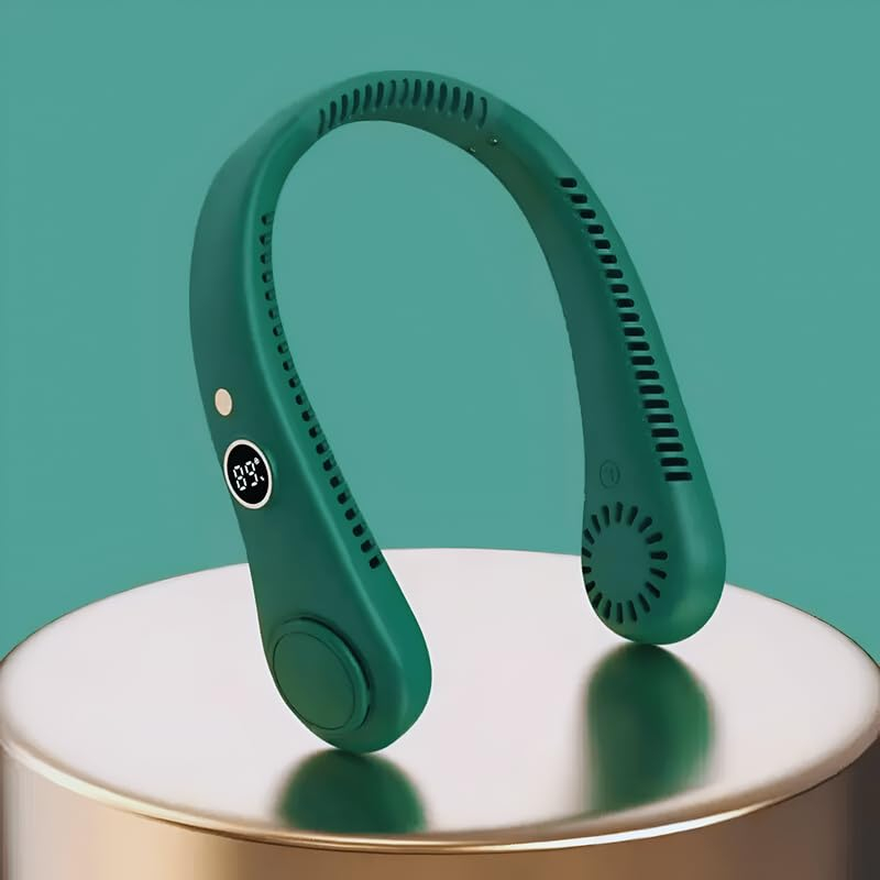 Portable Neck Fan Green – Hands-free, 5-speed personal fan with 360° airflow, 1500mAh battery, LED display, USB rechargeable. Ideal for travel, gym, home, and outdoor use