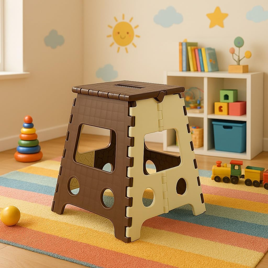 18 Inches Super Strong Folding Step Stool for Adults and Kids, Kitchen Stepping Stools, Garden Step Stool Kitchen Stool (Brown,Beige) - Image 2