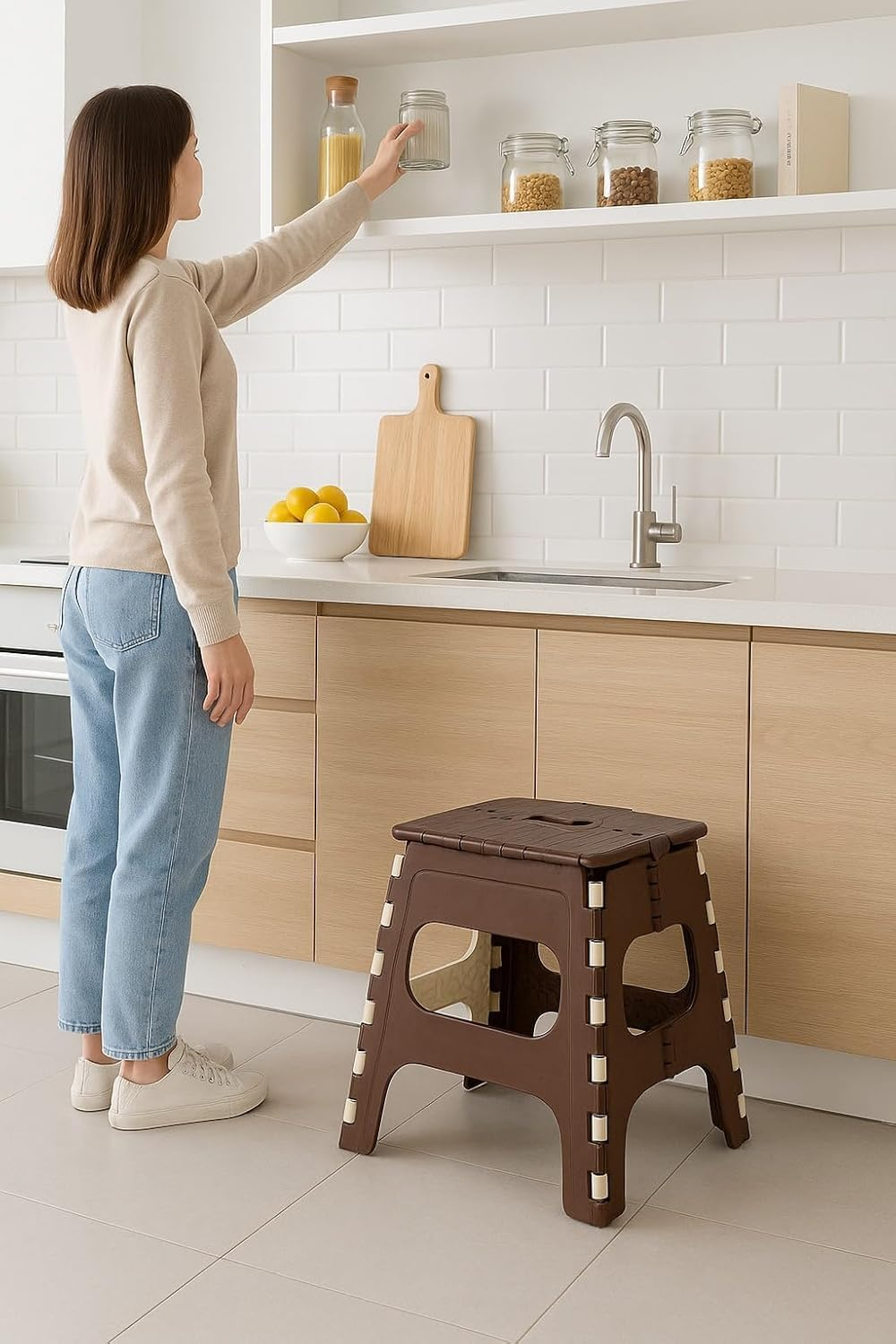 18 Inches Super Strong Folding Step Stool for Adults and Kids, Kitchen Stepping Stools, Garden Step Stool Kitchen Stool (Brown,Beige) - Image 5