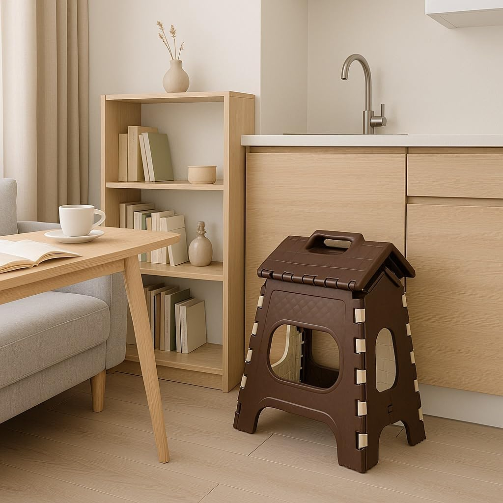 18 Inches Super Strong Folding Step Stool for Adults and Kids, Kitchen Stepping Stools, Garden Step Stool Kitchen Stool (Brown,Beige) - Image 6