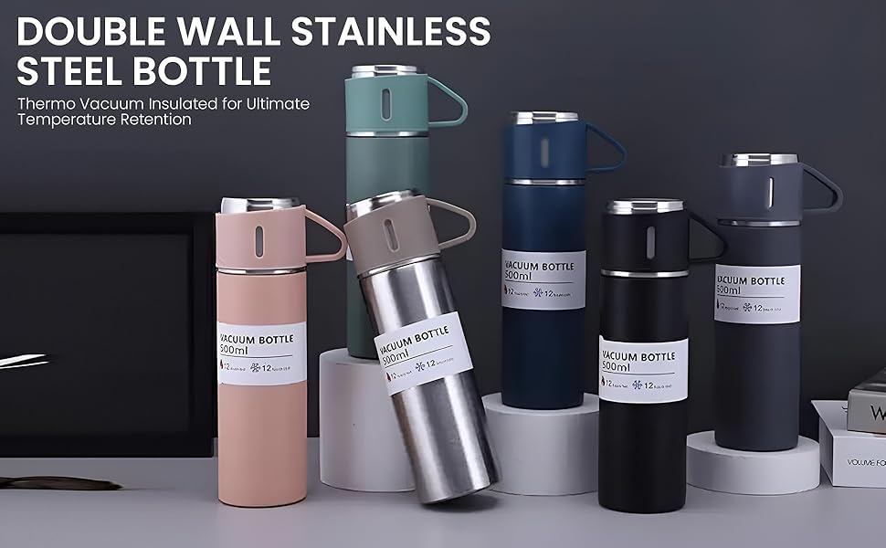 Double Wall Stainless Steel Bottle 500ml Vacuum Insulated Bottle Water Flask Gift Set with Two Cups Hot & Cold (Multicolor) - Image 2