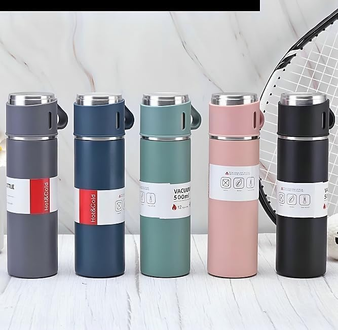 Double Wall Stainless Steel Bottle 500ml Vacuum Insulated Bottle Water Flask Gift Set with Two Cups Hot & Cold (Multicolor) - Image 3