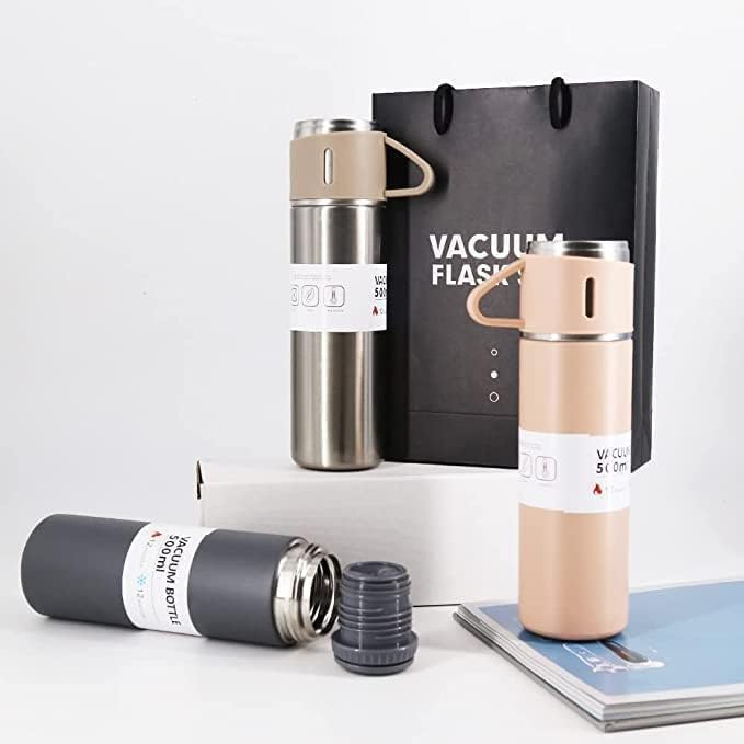 Double Wall Stainless Steel Bottle 500ml Vacuum Insulated Bottle Water Flask Gift Set with Two Cups Hot & Cold (Multicolor) - Image 4