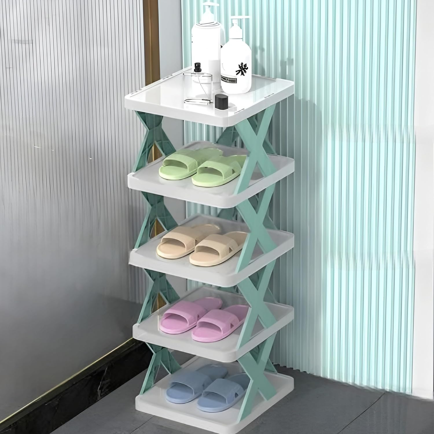 5-Layer Plastic Shoe Rack for Home – Stackable & Adjustable Shoe Organizer Shelf | Space-Saving Foldable Stand with Book & Shoe Storage Slots (Green, Medium, 5) (Green, Medium, 5)