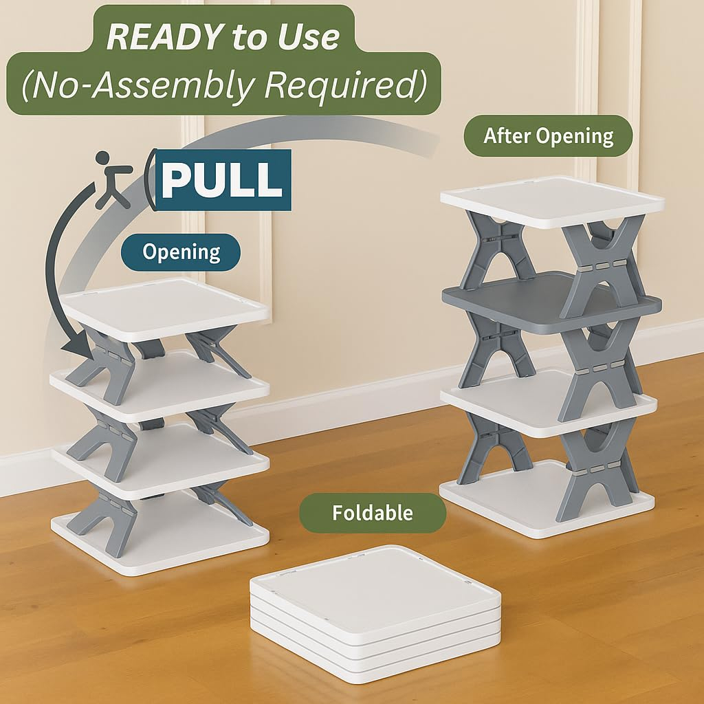 5-Layer Plastic Shoe Rack for Home – Stackable & Adjustable Shoe Organizer Shelf | Space-Saving Foldable Stand with Book & Shoe Storage Slots (Green, Medium, 5) (Green, Medium, 5) - Image 2